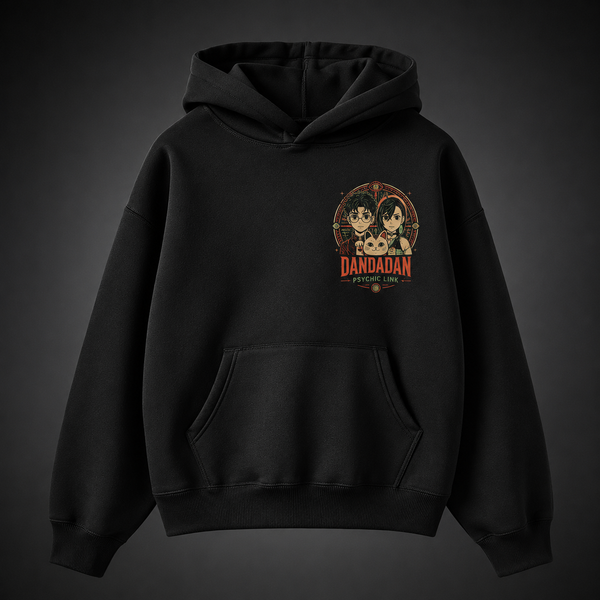Black hoodie with Ken Takakura & Momo Ayase Dandadan Psychic Link graphic – photo 2