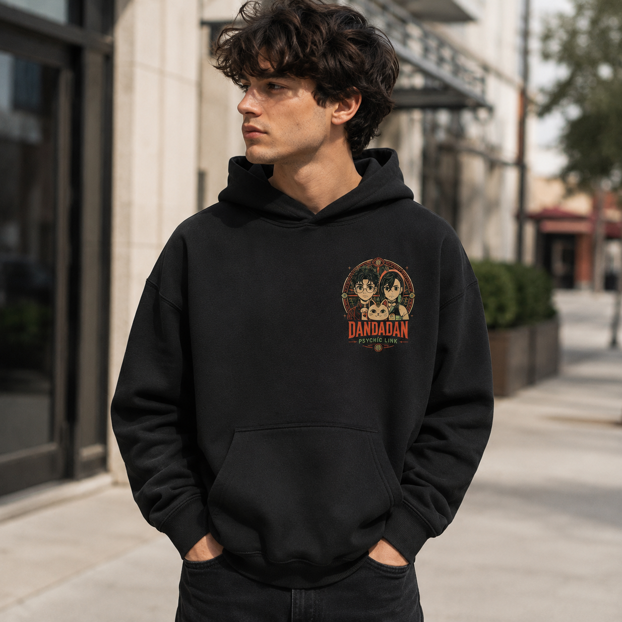 Black hoodie with Ken Takakura & Momo Ayase Dandadan Psychic Link graphic – photo 4
