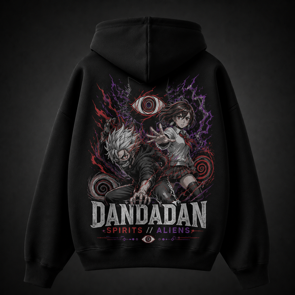 Black hoodie with Ken Takakura & Momo Ayase Dandadan Spirits And Aliens graphic – photo 1