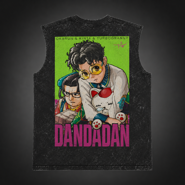 Washed black tank top with Ken Takakura & Turbo Granny Dandadan Turbo Trio graphic – photo 1