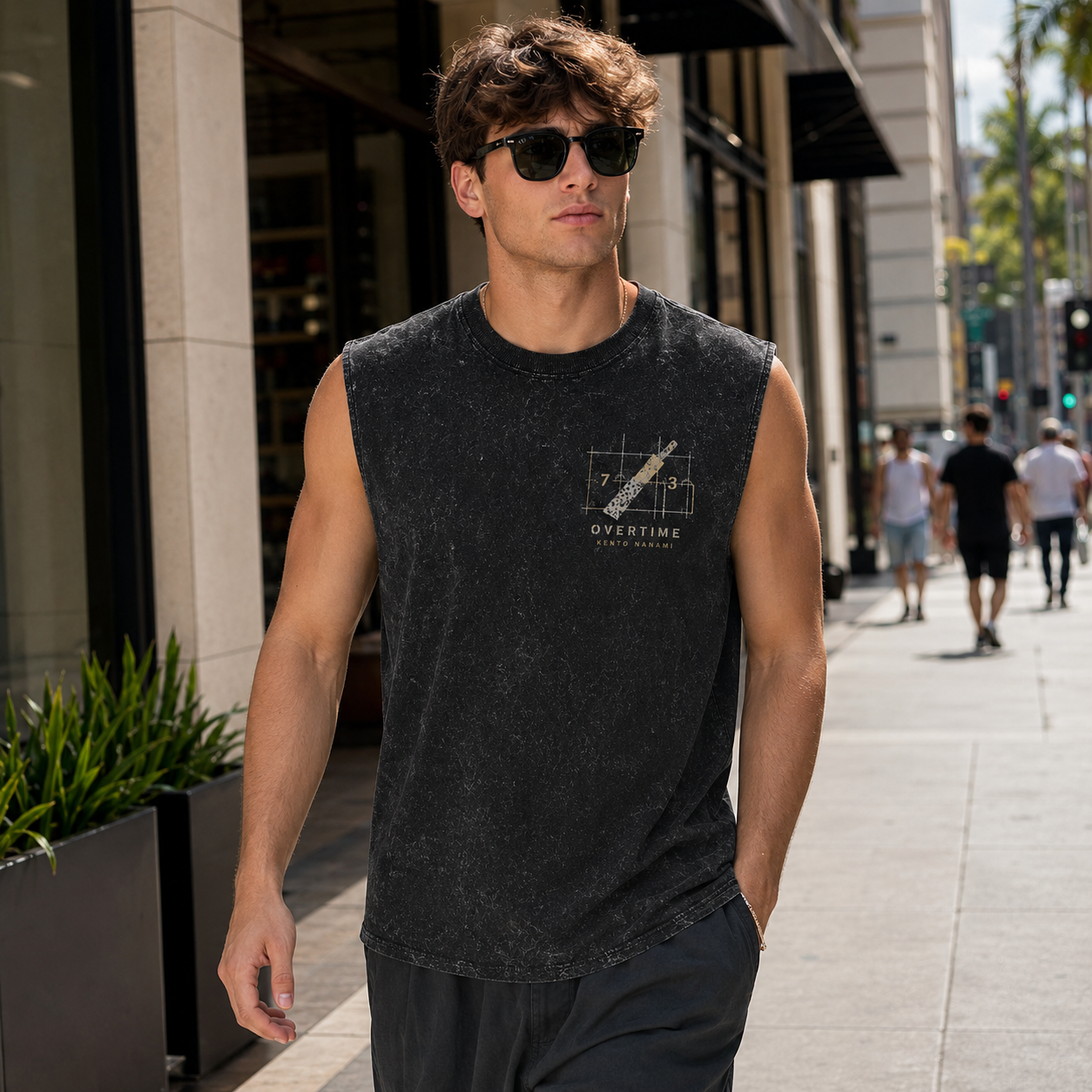 Washed black tank top with Kento Nanami Jujutsu Kaisen Overtime Ratio graphic – photo 3