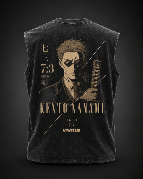 Washed black tank top with Kento Nanami Jujutsu Kaisen Ratio Seven Three graphic – photo 1