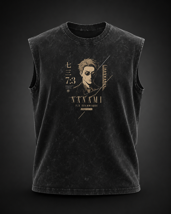 Washed black tank top with Kento Nanami Jujutsu Kaisen Ratio Seven Three graphic – photo 2