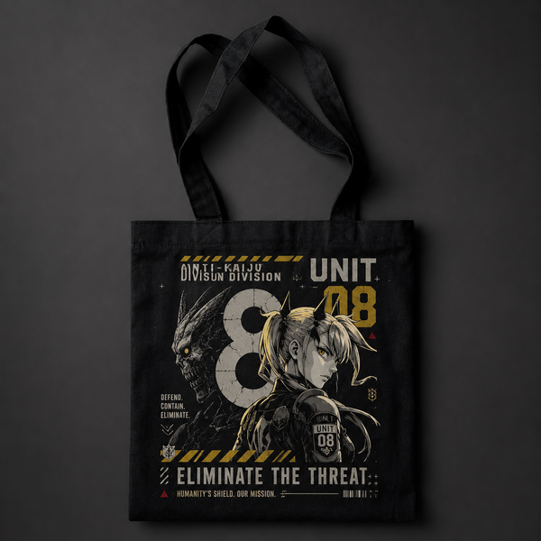 Black tote bag with Kikoru Shinomiya Kaiju No. 8 Eliminate The Threat graphic – photo 1