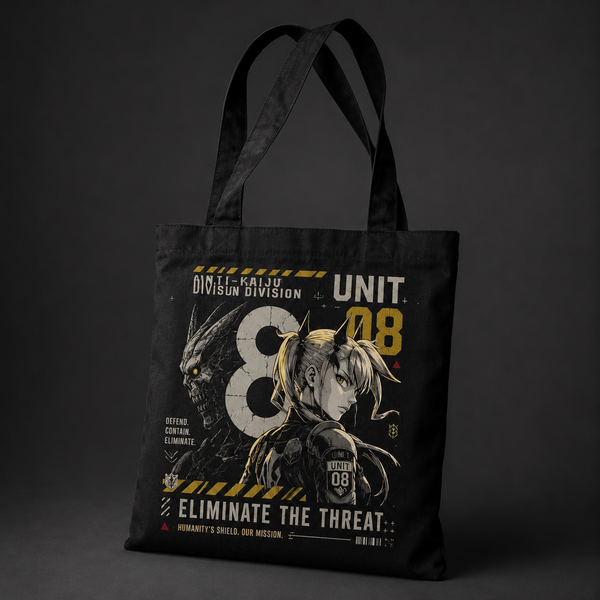 Black tote bag with Kikoru Shinomiya Kaiju No. 8 Eliminate The Threat graphic – photo 2