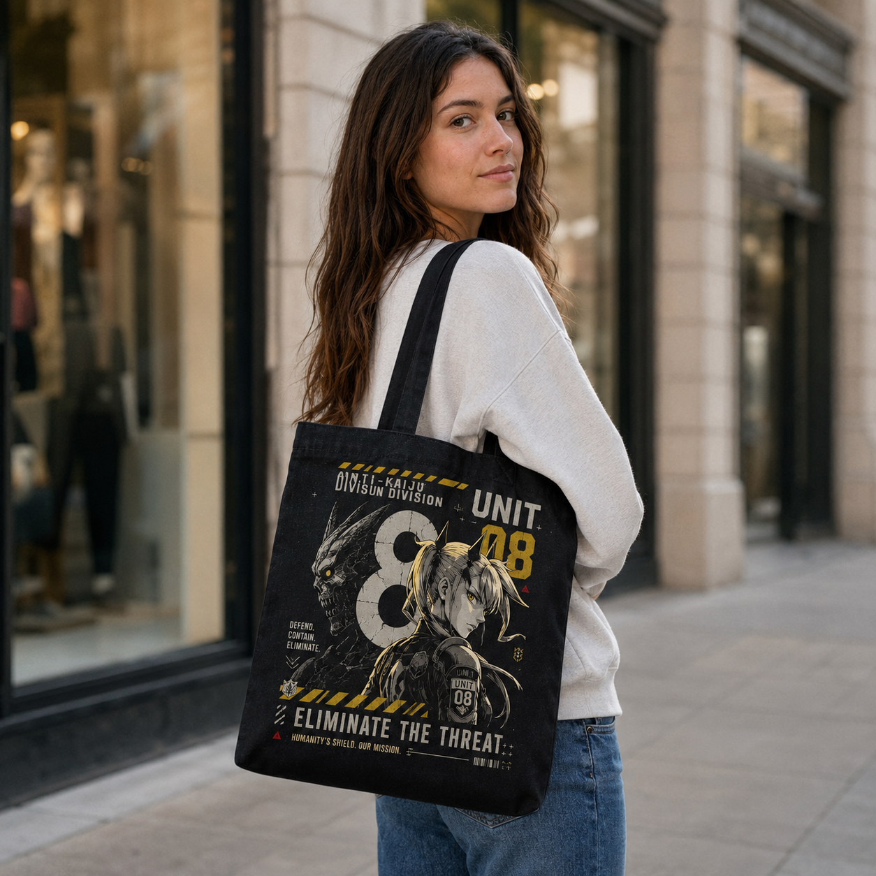Black tote bag with Kikoru Shinomiya Kaiju No. 8 Eliminate The Threat graphic – photo 3