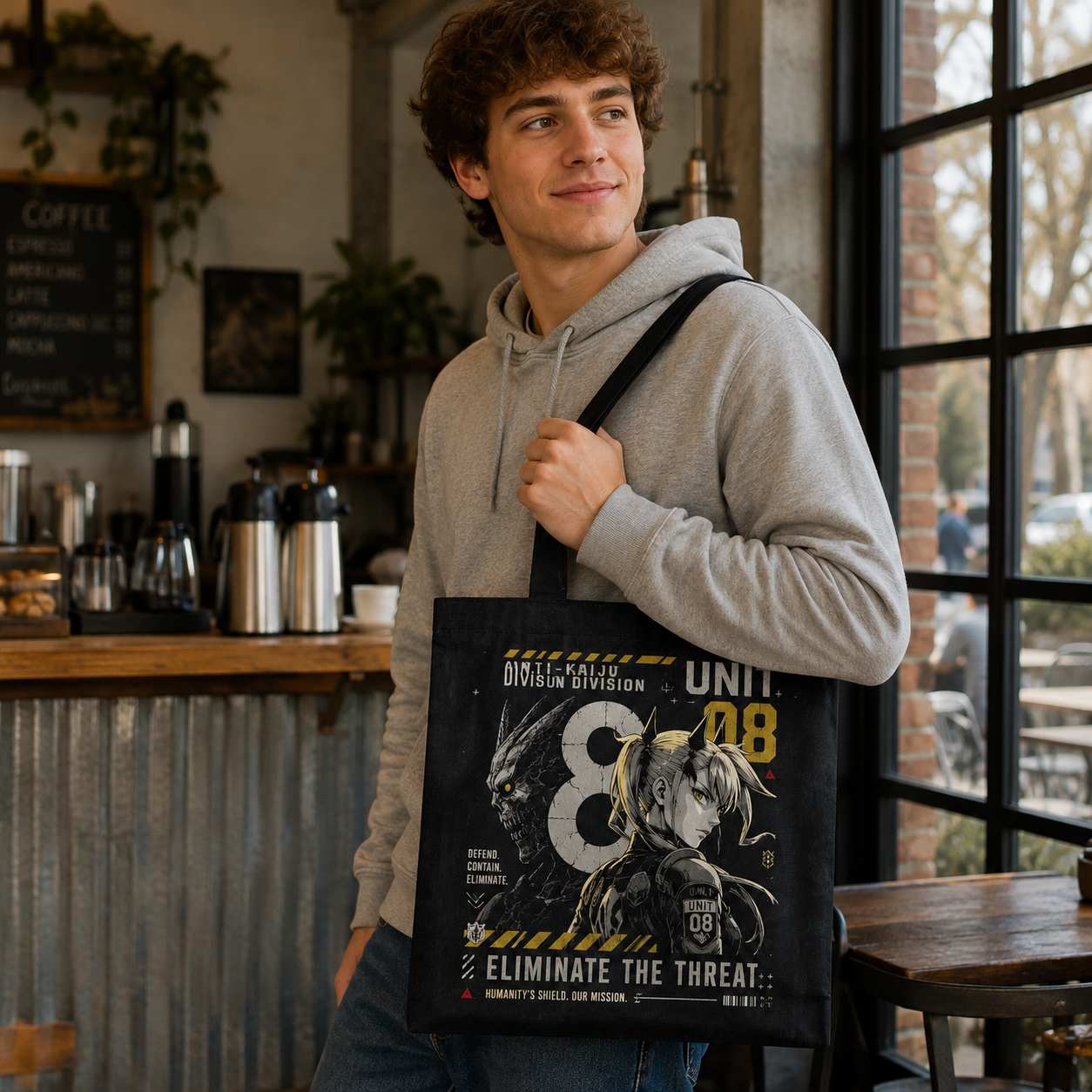 Black tote bag with Kikoru Shinomiya Kaiju No. 8 Eliminate The Threat graphic – photo 4