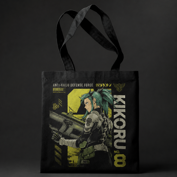 Black tote bag with Kikoru Shinomiya Kaiju No. 8 Kikoru Firepower graphic – photo 1