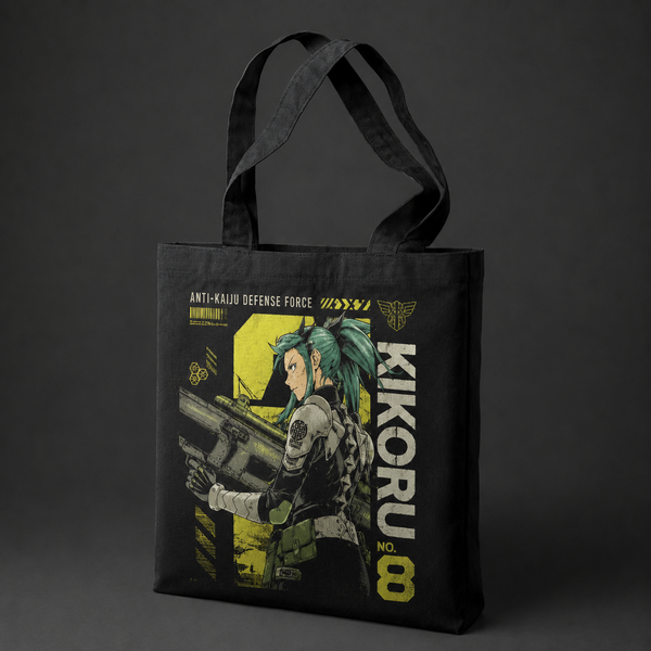 Black tote bag with Kikoru Shinomiya Kaiju No. 8 Kikoru Firepower graphic – photo 2