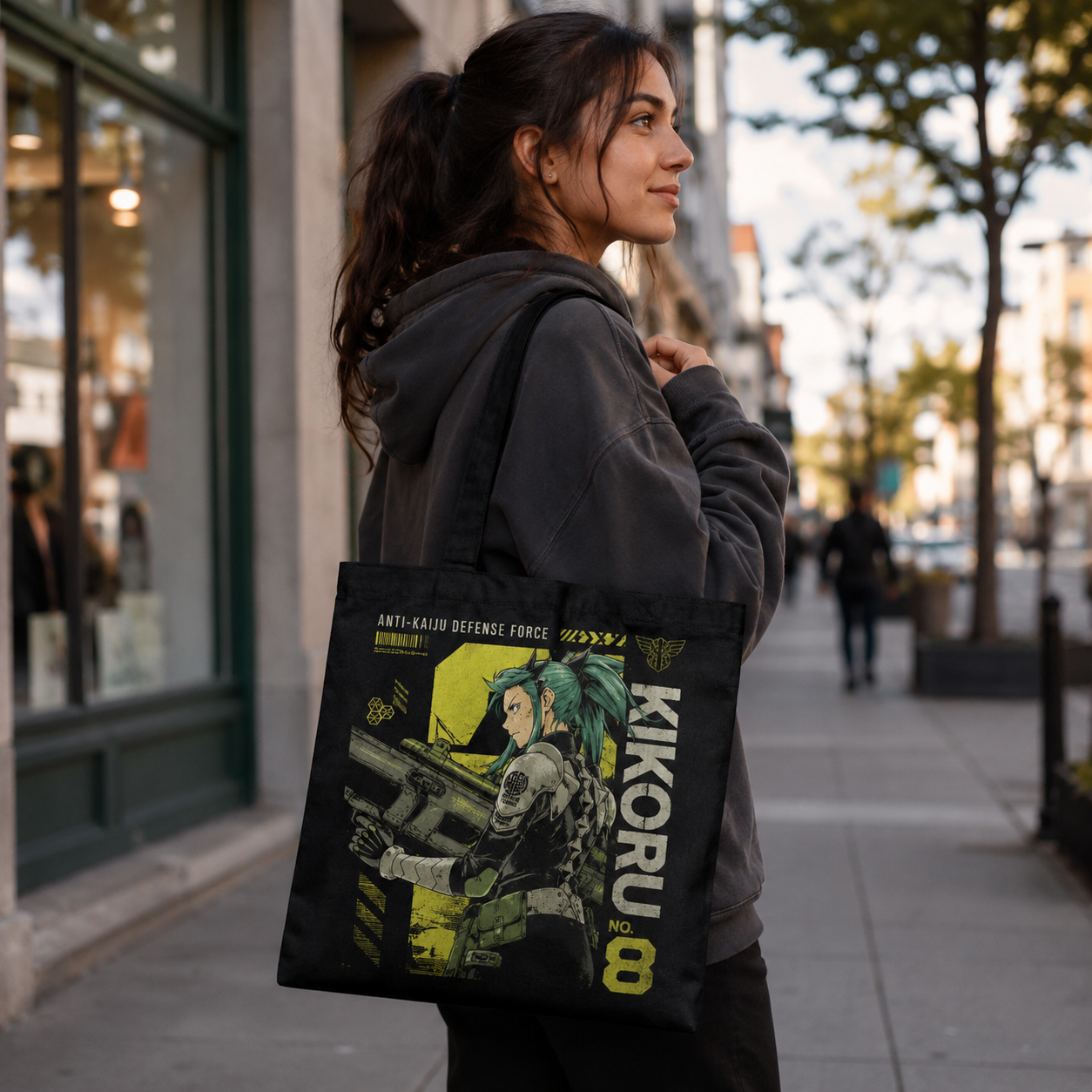 Black tote bag with Kikoru Shinomiya Kaiju No. 8 Kikoru Firepower graphic – photo 3