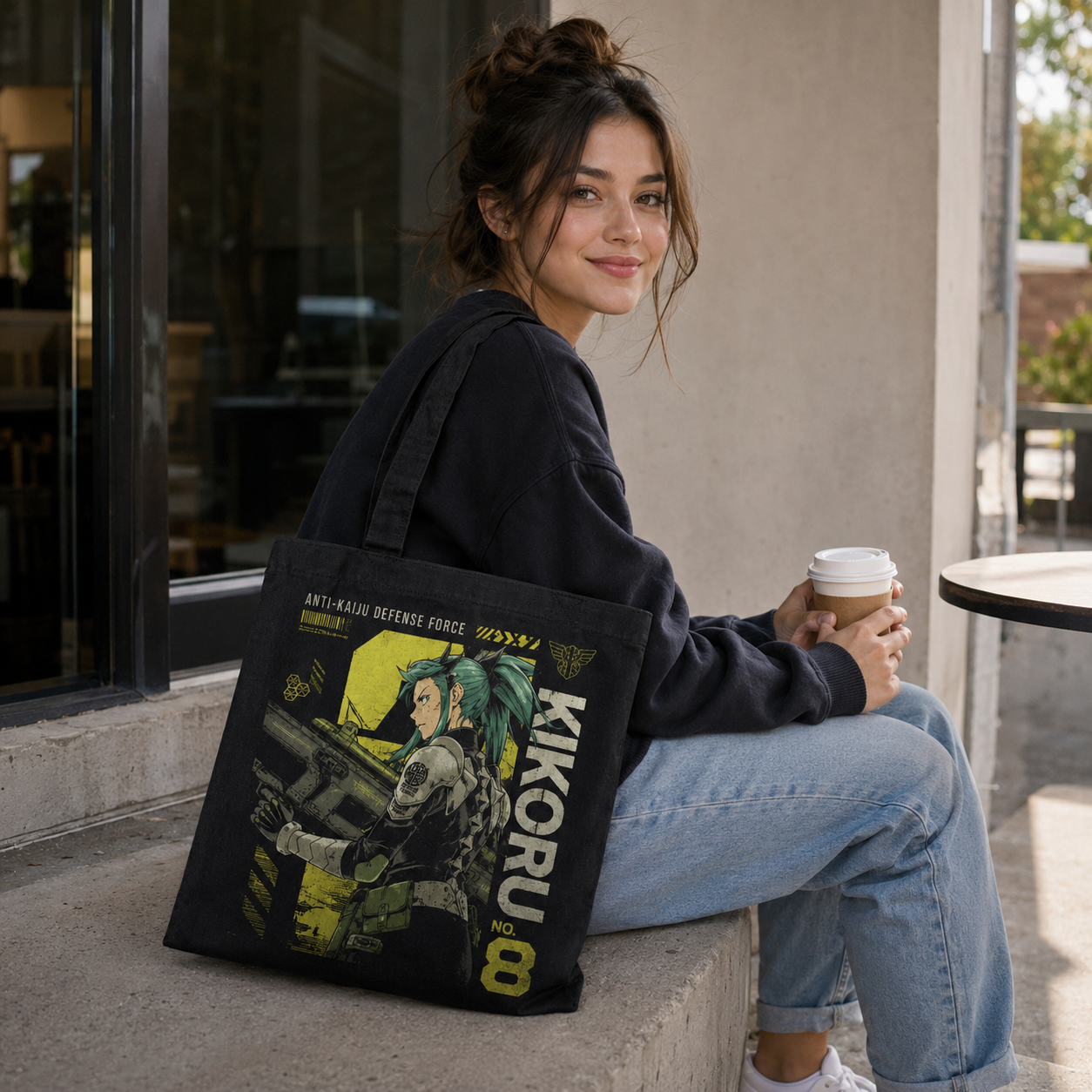 Black tote bag with Kikoru Shinomiya Kaiju No. 8 Kikoru Firepower graphic – photo 4