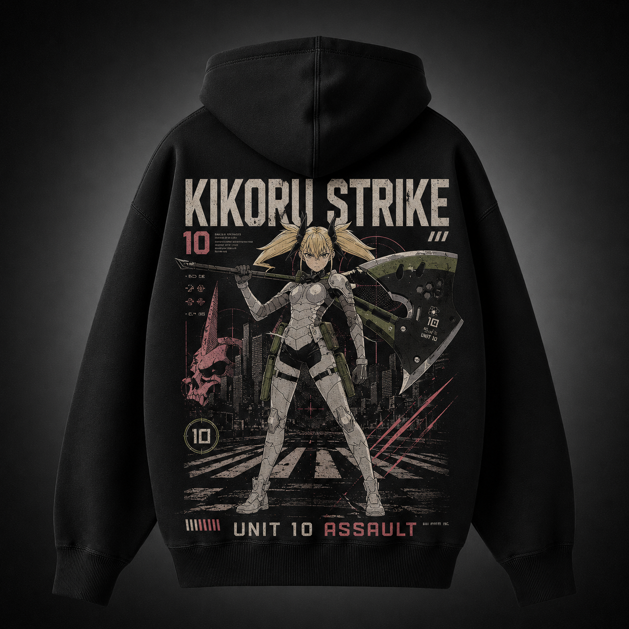 Black hoodie with Kikoru Shinomiya Kaiju No. 8 Kikoru Strike graphic – photo 1