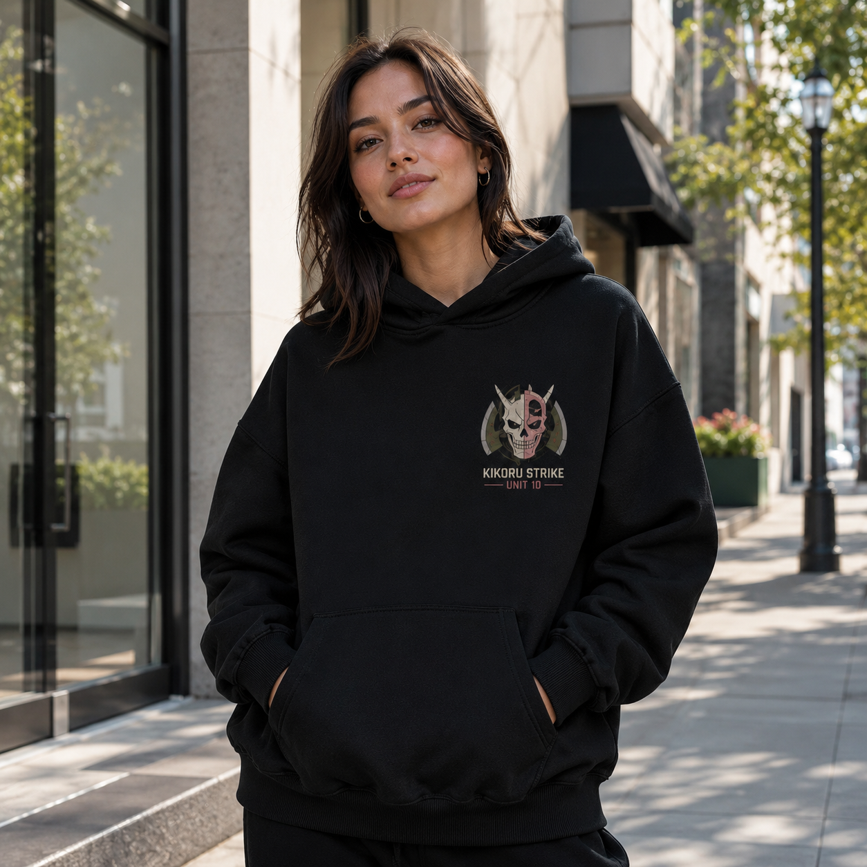 Black hoodie with Kikoru Shinomiya Kaiju No. 8 Kikoru Strike graphic – photo 4