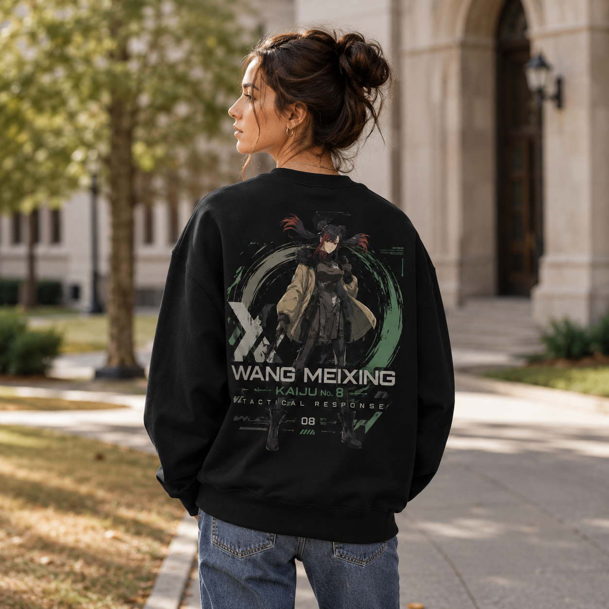 Black sweatshirt with Kikoru Shinomiya Kaiju No. 8 Tactical Response graphic – photo 3