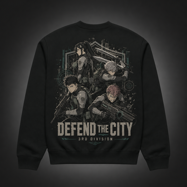 Black sweatshirt with Kikoru Shinomiya & Soshiro Hoshina Kaiju No. 8 Defend The City graphic – photo 1