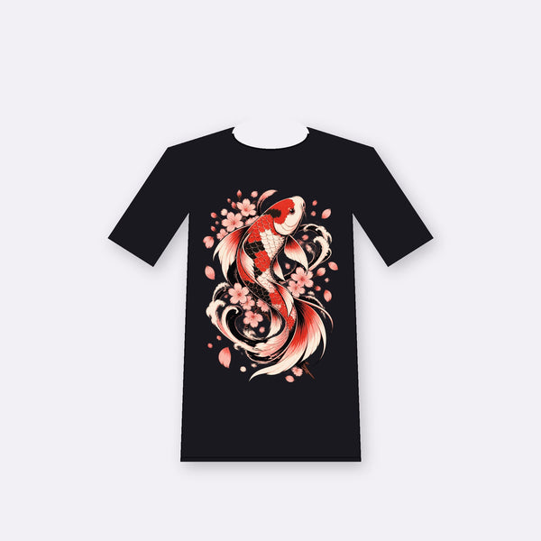 Koi Spiral original anime-inspired graphic on a black oversize tee