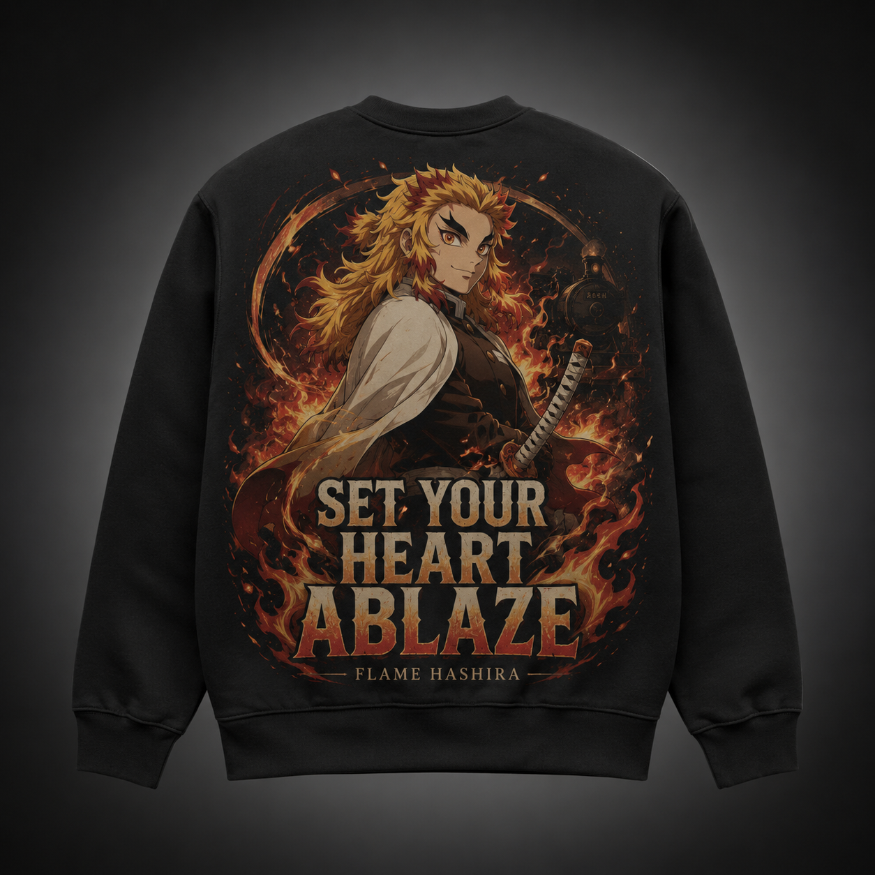 Black sweatshirt with Kyojuro Rengoku Demon Slayer Ablaze Night Train graphic – photo 1
