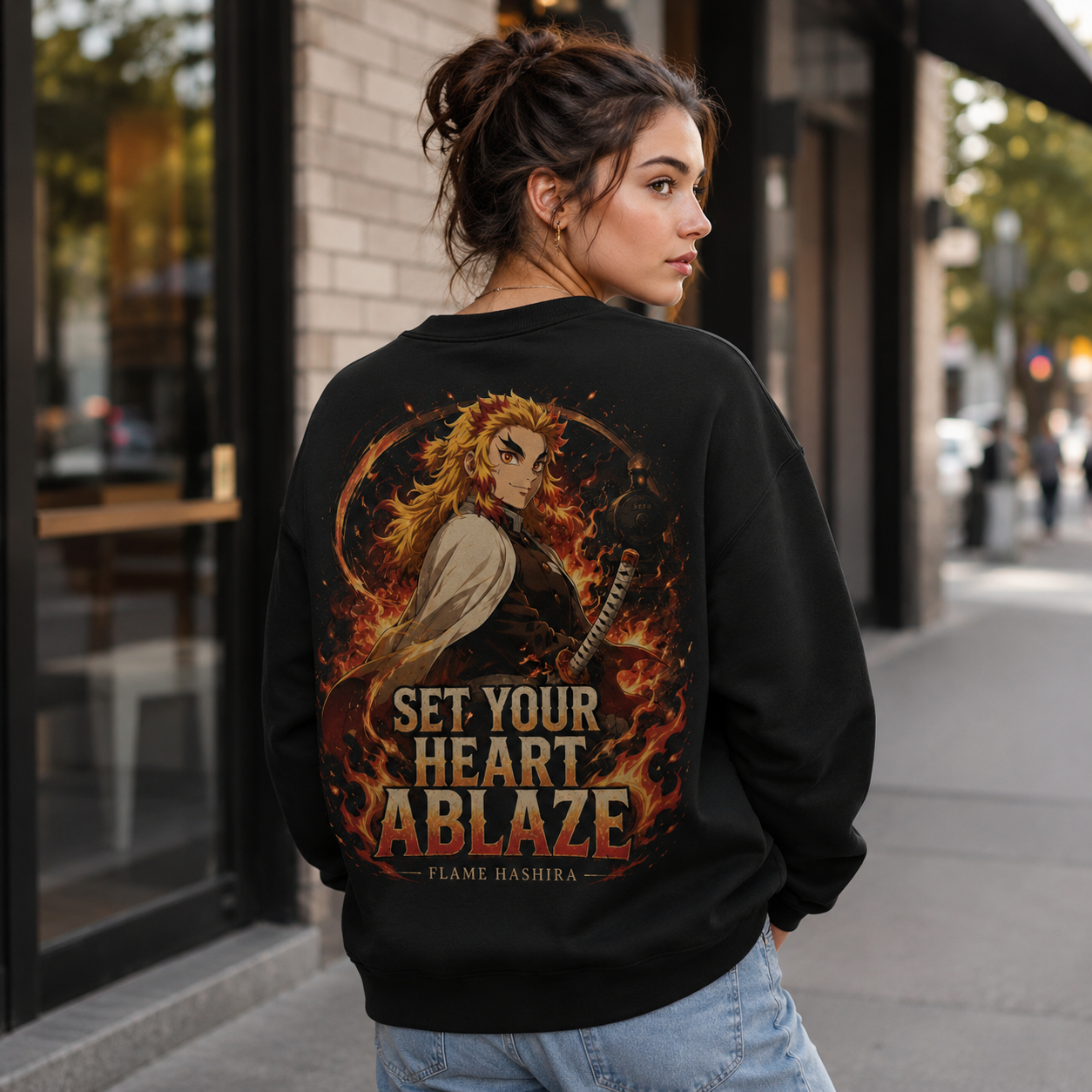 Black sweatshirt with Kyojuro Rengoku Demon Slayer Ablaze Night Train graphic – photo 3