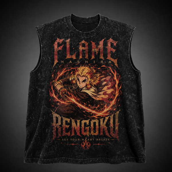 Washed black tank top with Kyojuro Rengoku Demon Slayer Flame Hashira Blaze graphic – photo 2