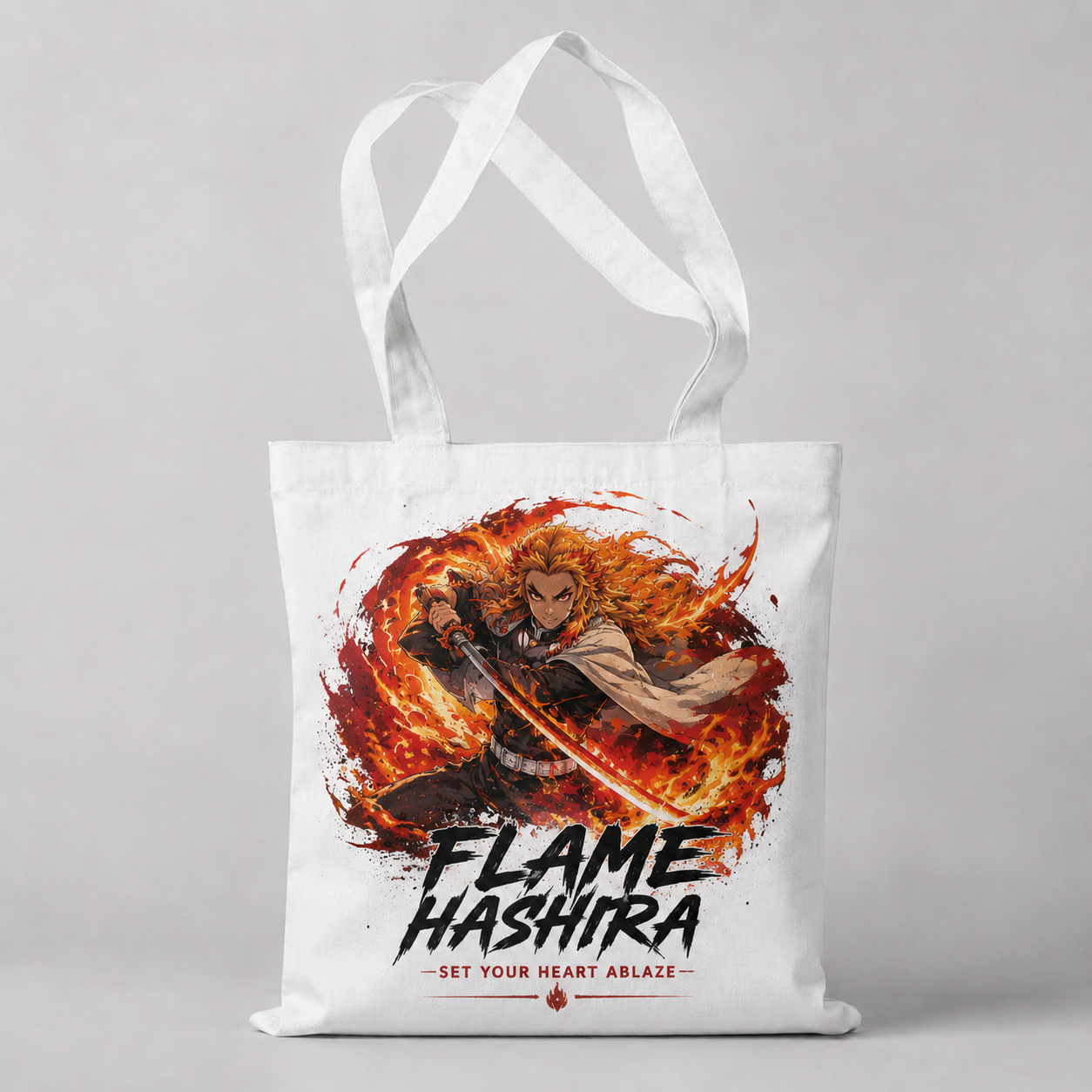 White tote bag with Kyojuro Rengoku Demon Slayer Flame Hashira Blaze graphic – photo 1