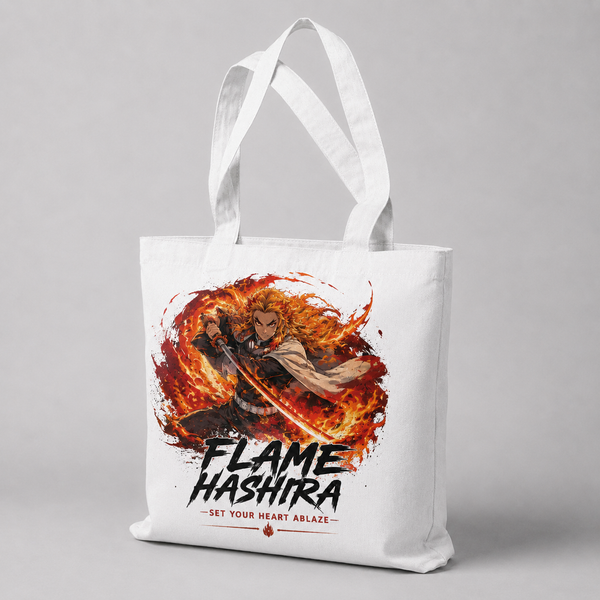 White tote bag with Kyojuro Rengoku Demon Slayer Flame Hashira Blaze graphic – photo 2