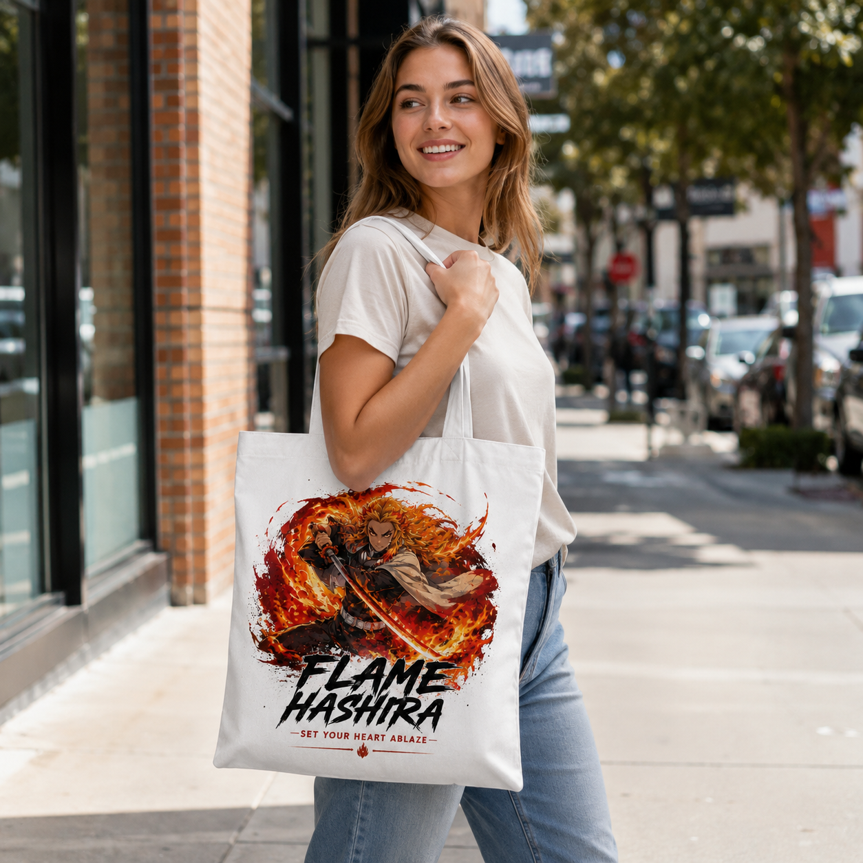 White tote bag with Kyojuro Rengoku Demon Slayer Flame Hashira Blaze graphic – photo 3