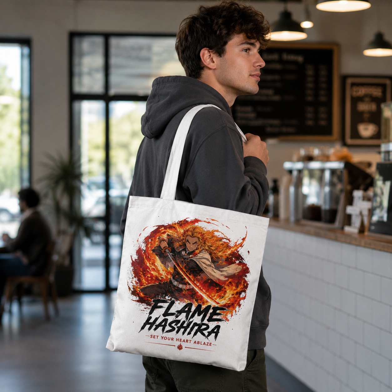 White tote bag with Kyojuro Rengoku Demon Slayer Flame Hashira Blaze graphic – photo 4