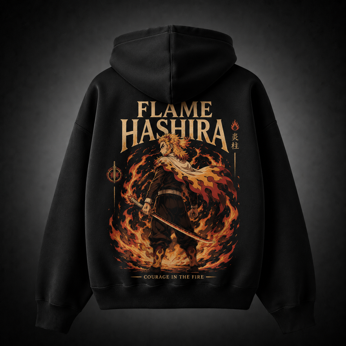 Black hoodie with Kyojuro Rengoku Demon Slayer Flame Hashira graphic – photo 1