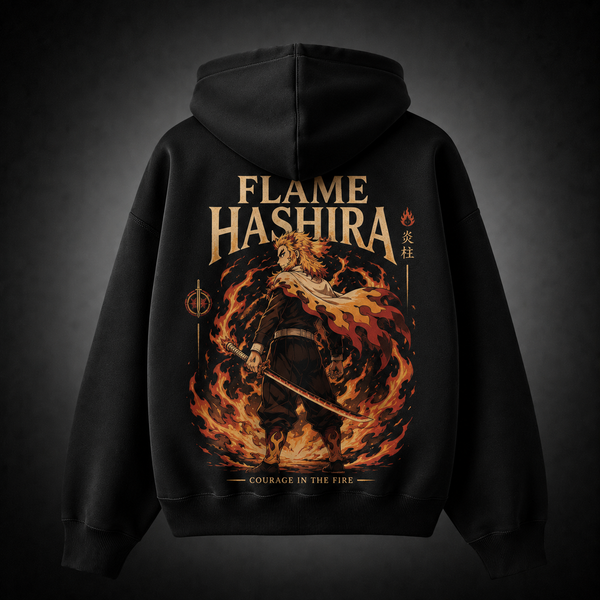Black hoodie with Kyojuro Rengoku Demon Slayer Flame Hashira graphic – photo 1