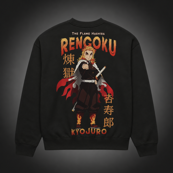 Black sweatshirt with Kyojuro Rengoku Demon Slayer Flame Hashira Portrait graphic – photo 1