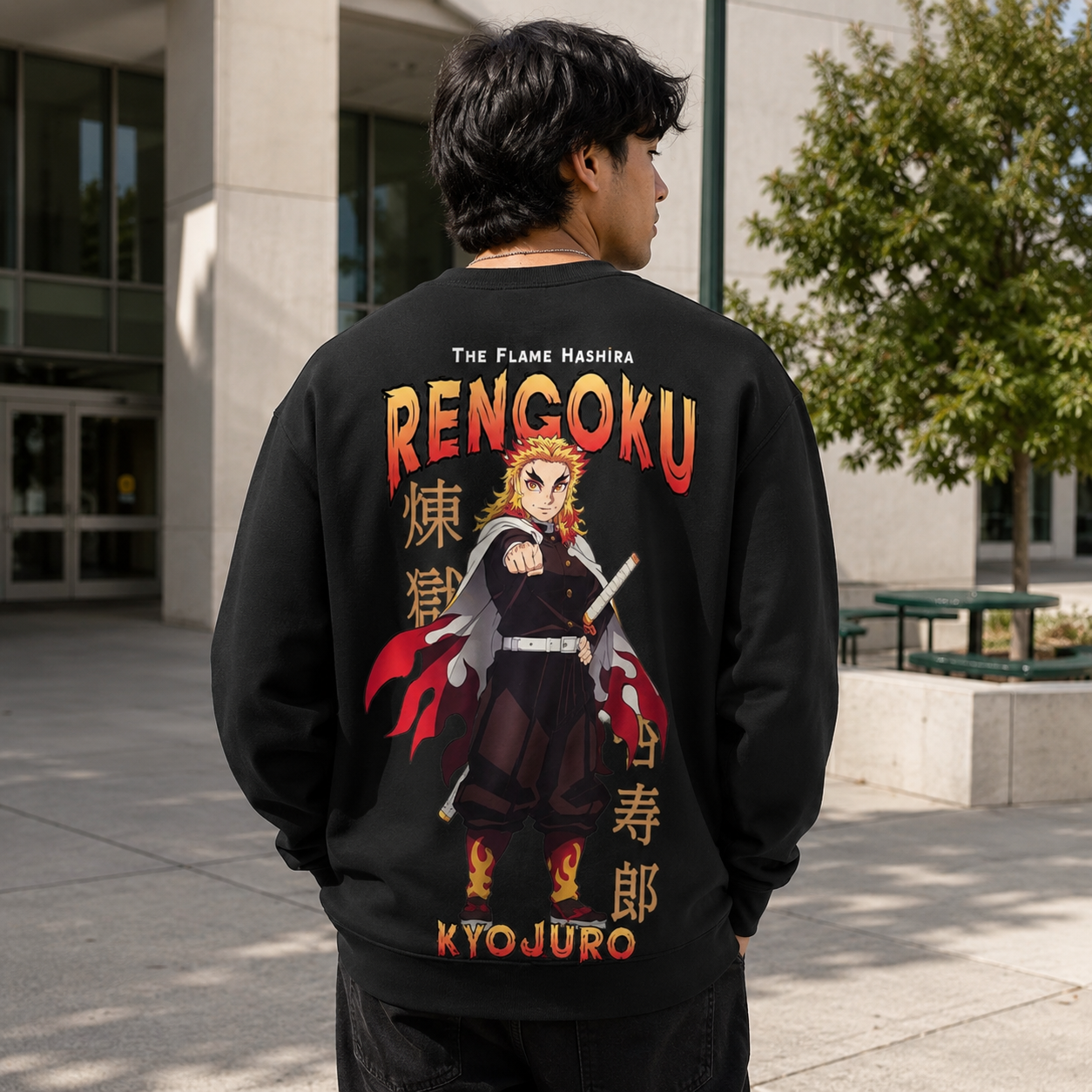 Black sweatshirt with Kyojuro Rengoku Demon Slayer Flame Hashira Portrait graphic – photo 3