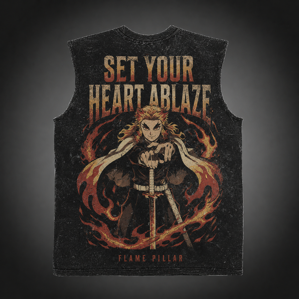 Washed black tank top with Kyojuro Rengoku Demon Slayer Flame Pillar graphic – photo 1