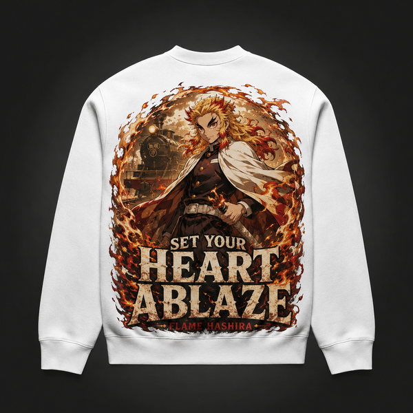 White sweatshirt with Kyojuro Rengoku Demon Slayer Heart Ablaze Flame graphic – photo 1