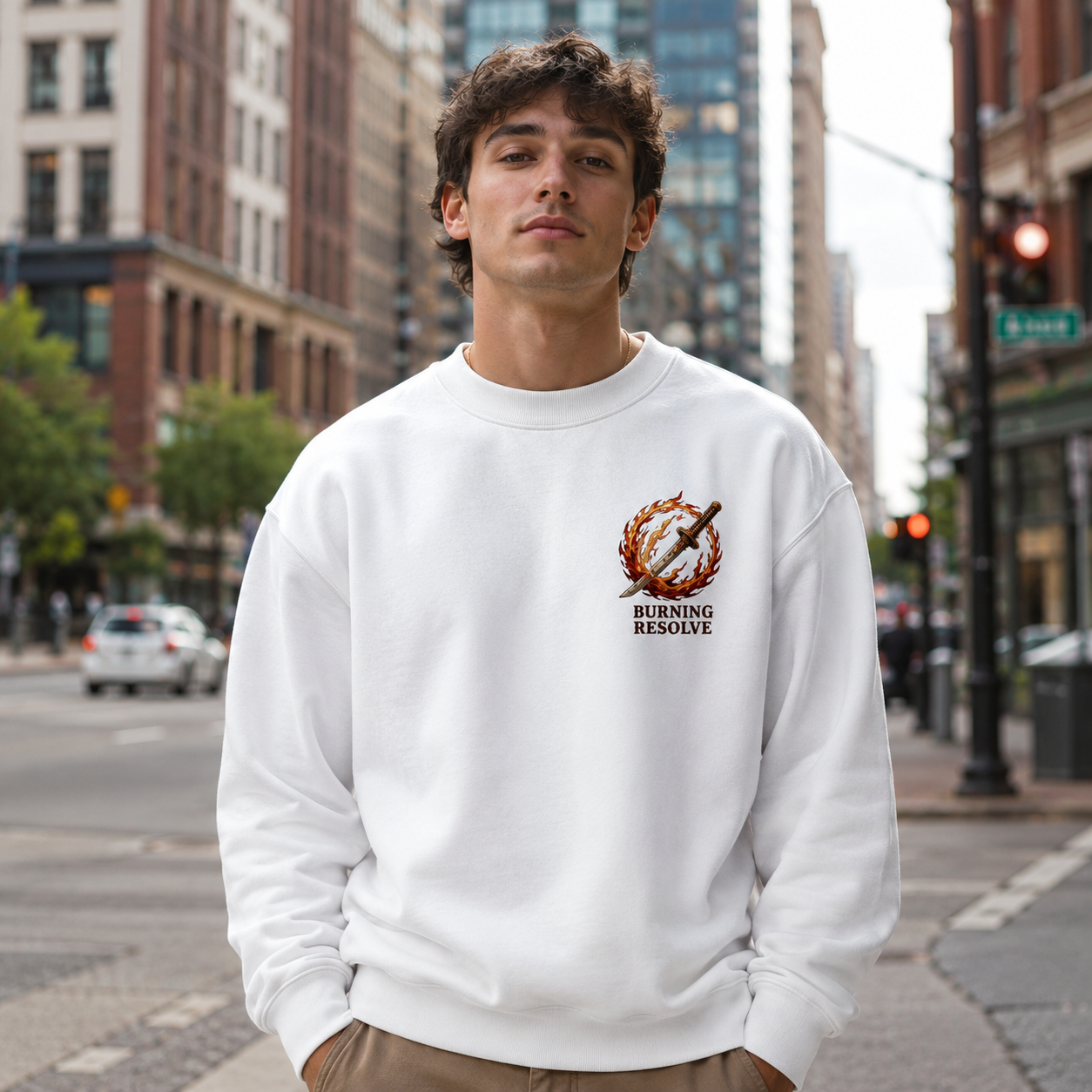 White sweatshirt with Kyojuro Rengoku Demon Slayer Heart Ablaze Flame graphic – photo 4