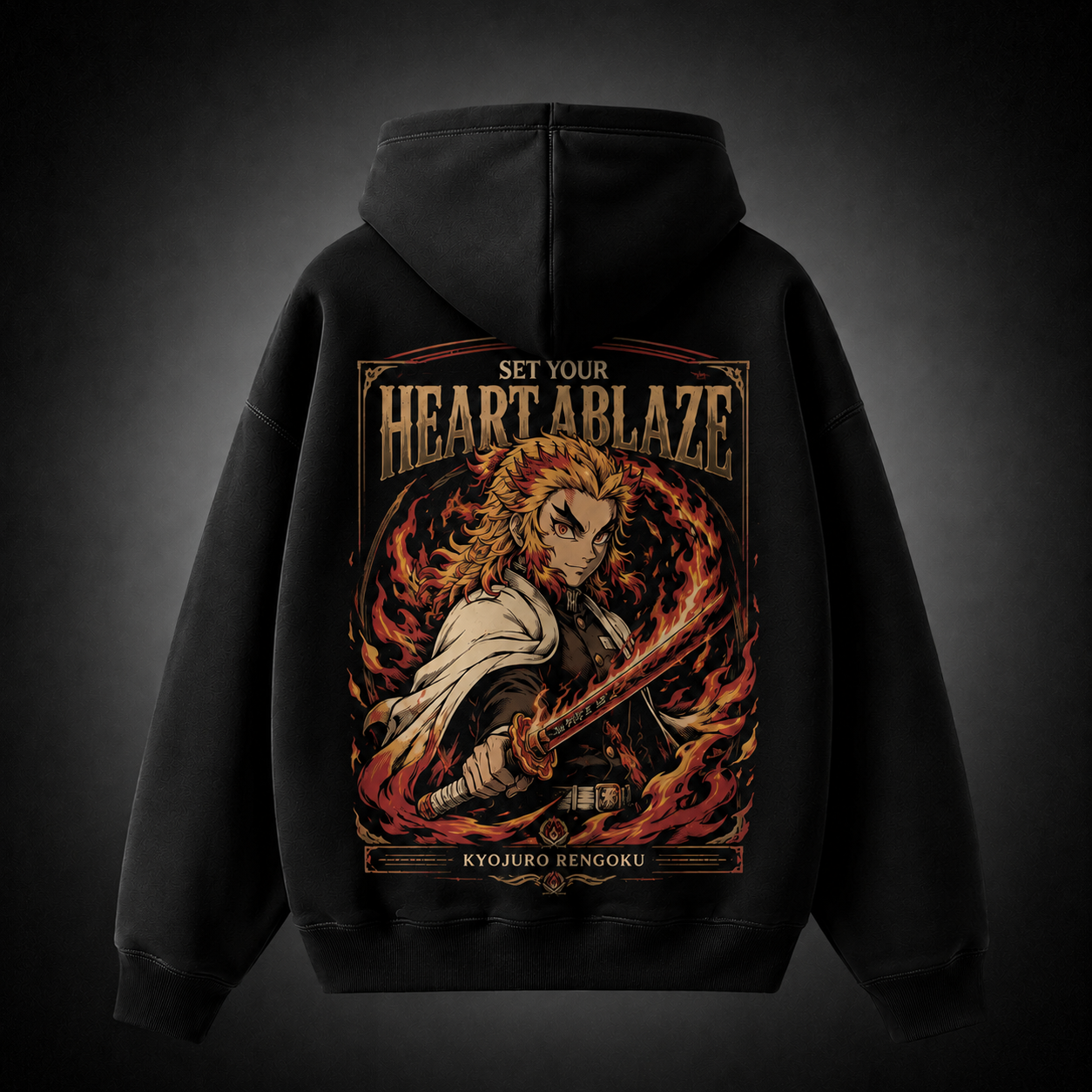 Black hoodie with Kyojuro Rengoku Demon Slayer Heart Ablaze graphic – photo 1