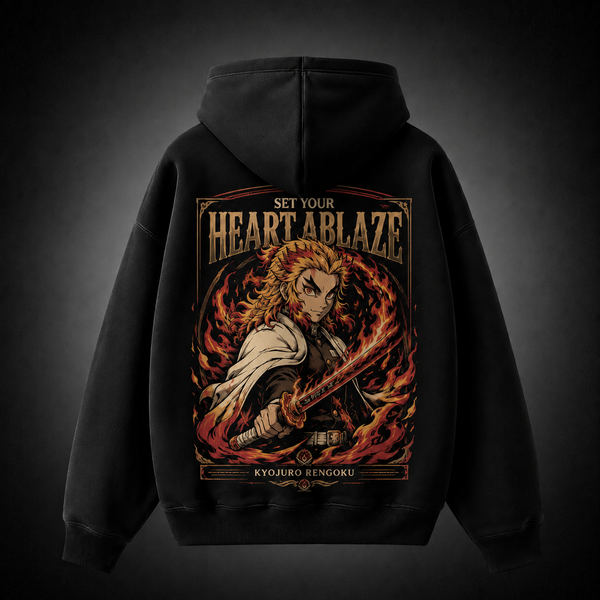 Black hoodie with Kyojuro Rengoku Demon Slayer Heart Ablaze graphic – photo 1