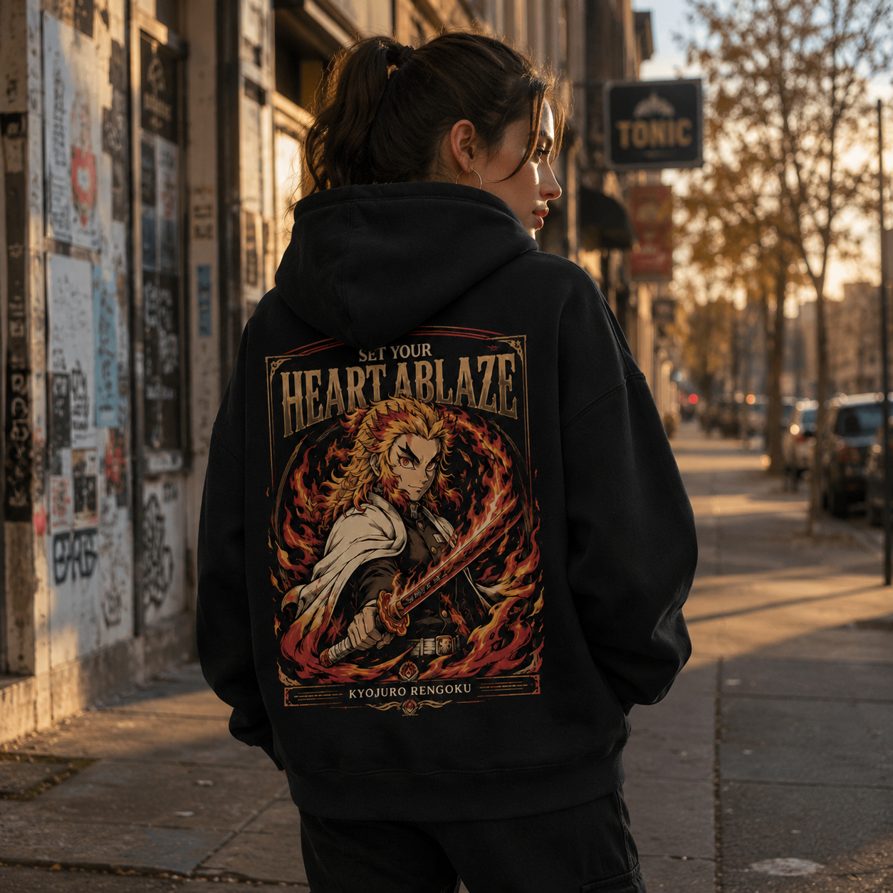 Black hoodie with Kyojuro Rengoku Demon Slayer Heart Ablaze graphic – photo 3