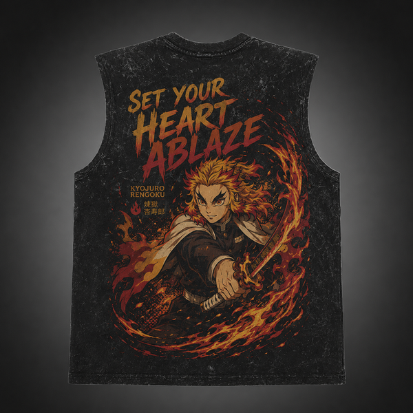 Washed black tank top with Kyojuro Rengoku Demon Slayer Set Your Heart Ablaze graphic – photo 1