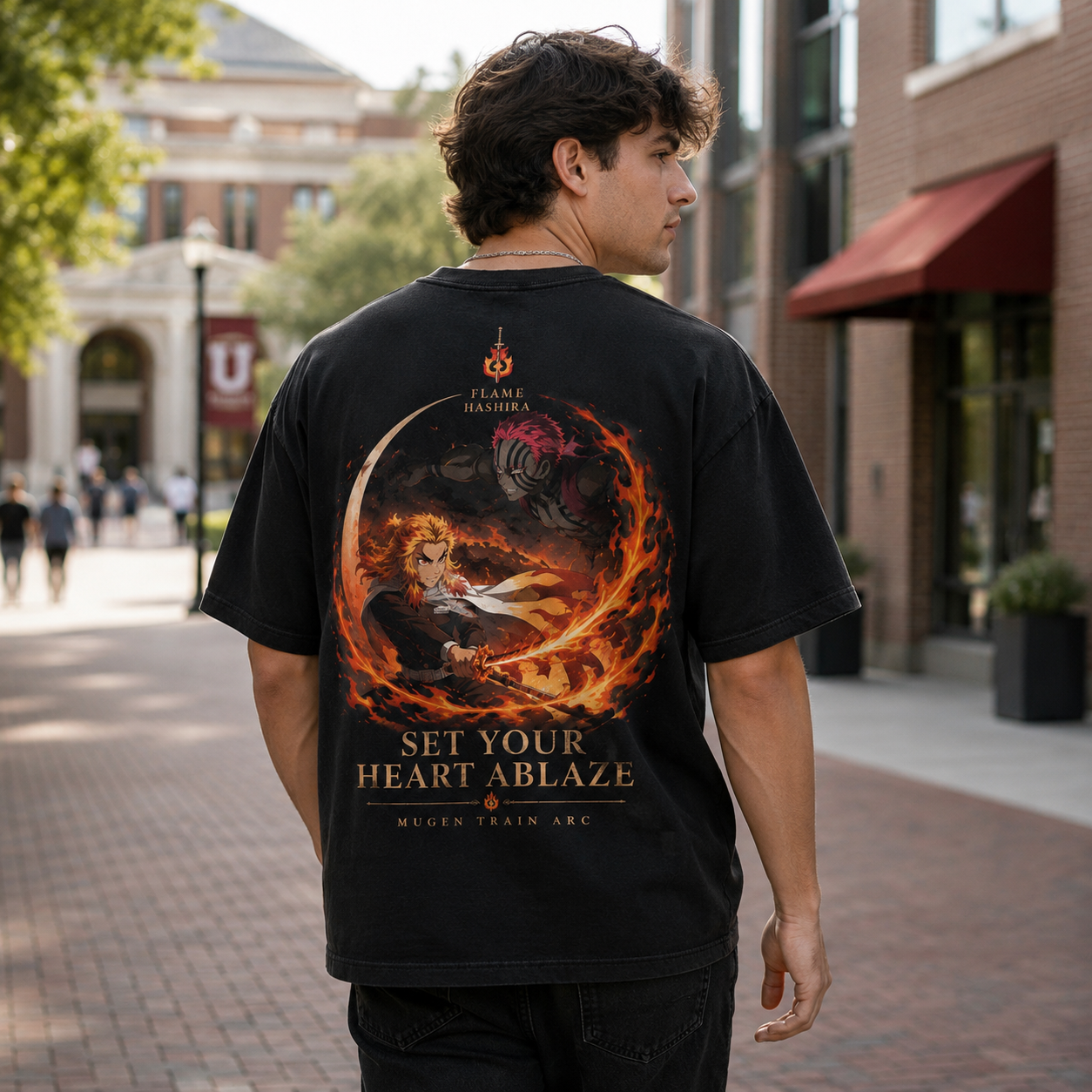 Black t-shirt with Kyojuro Rengoku Demon Slayer Set Your Heart Ablaze graphic – photo 3