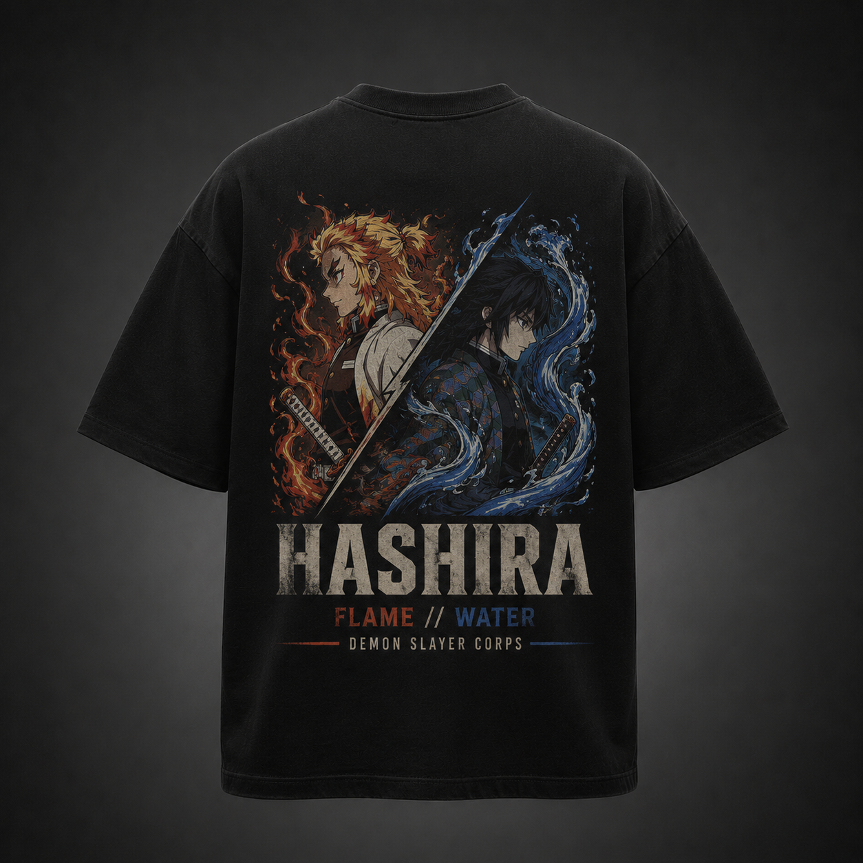 Black t-shirt with Kyojuro Rengoku & Giyu Tomioka Demon Slayer Flame And Water graphic – photo 1
