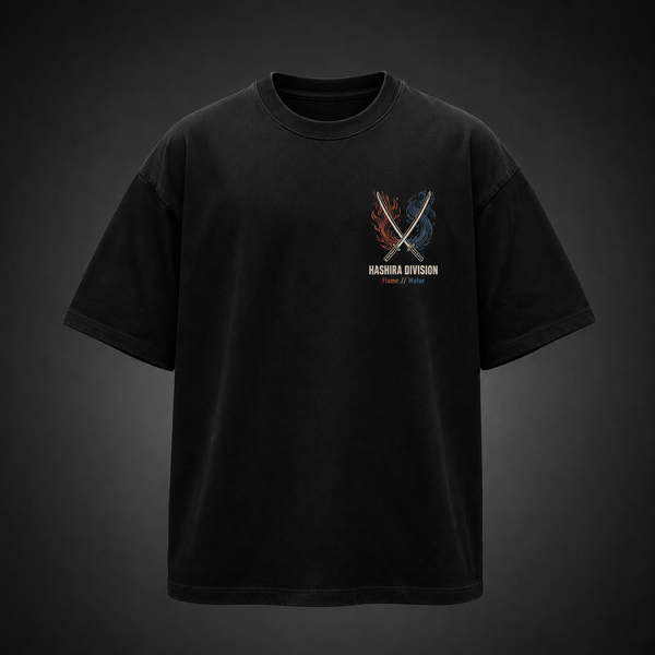 Black t-shirt with Kyojuro Rengoku & Giyu Tomioka Demon Slayer Flame And Water graphic – photo 2