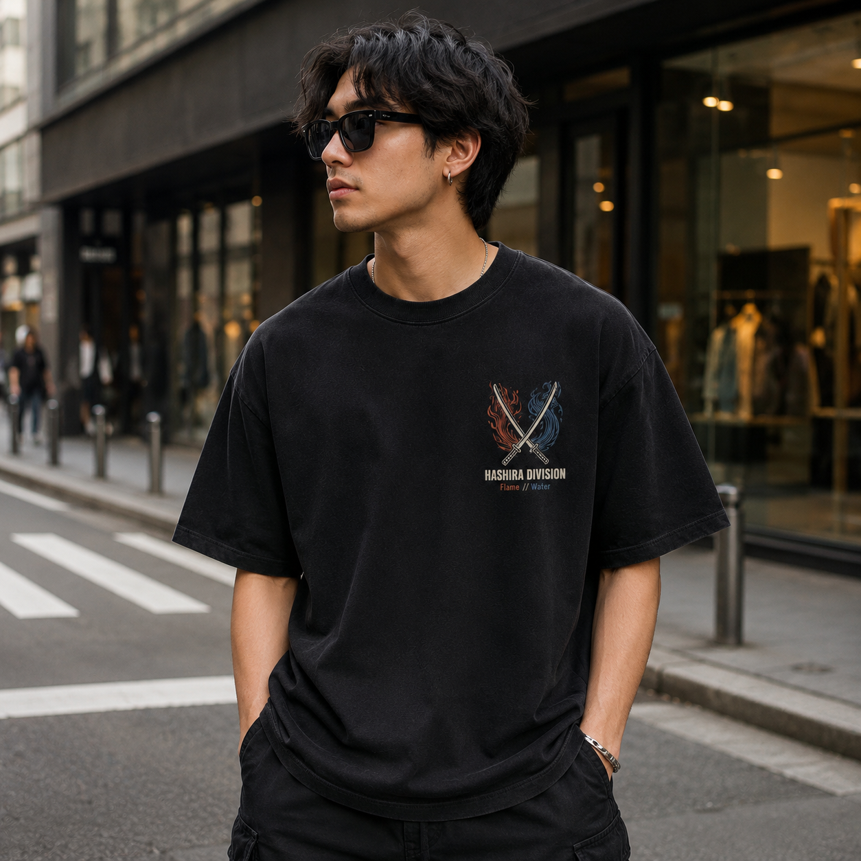 Black t-shirt with Kyojuro Rengoku & Giyu Tomioka Demon Slayer Flame And Water graphic – photo 4