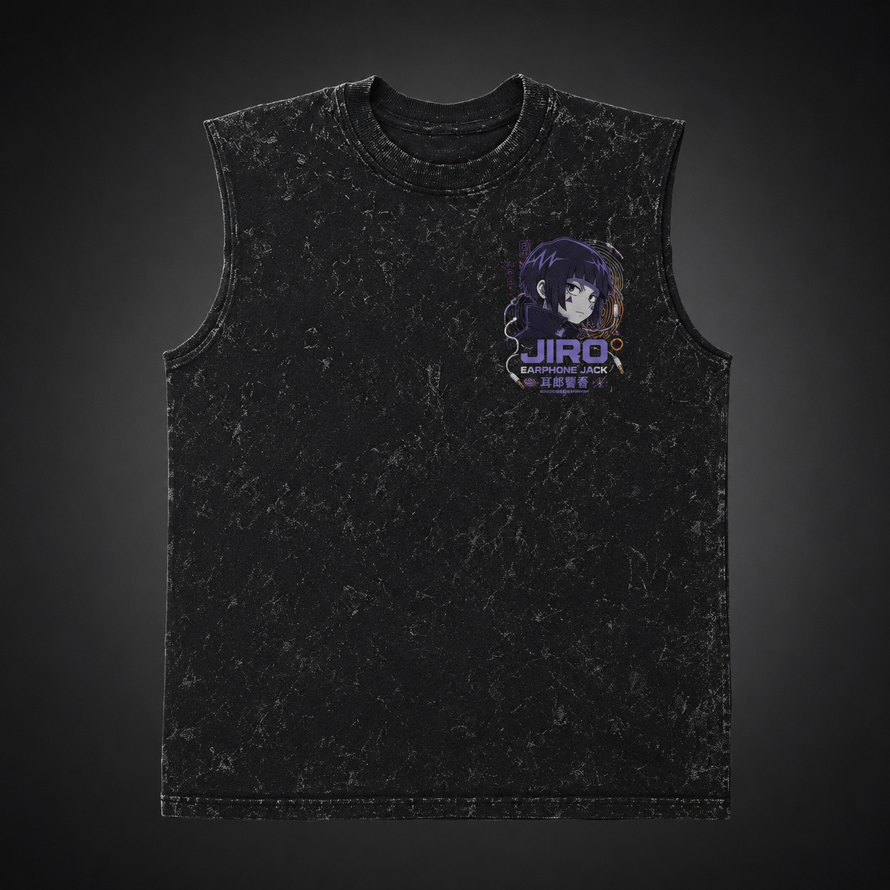 Washed black tank top with Kyoka Jiro My Hero Academia Earphone Jack Heartbeat Fuzes graphic – photo 2