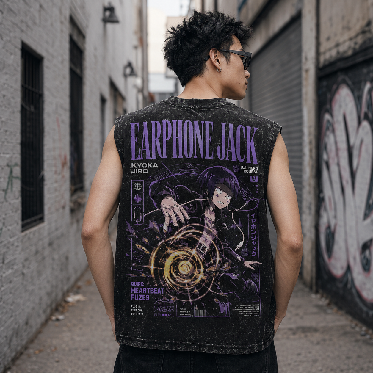Washed black tank top with Kyoka Jiro My Hero Academia Earphone Jack Heartbeat Fuzes graphic – photo 3