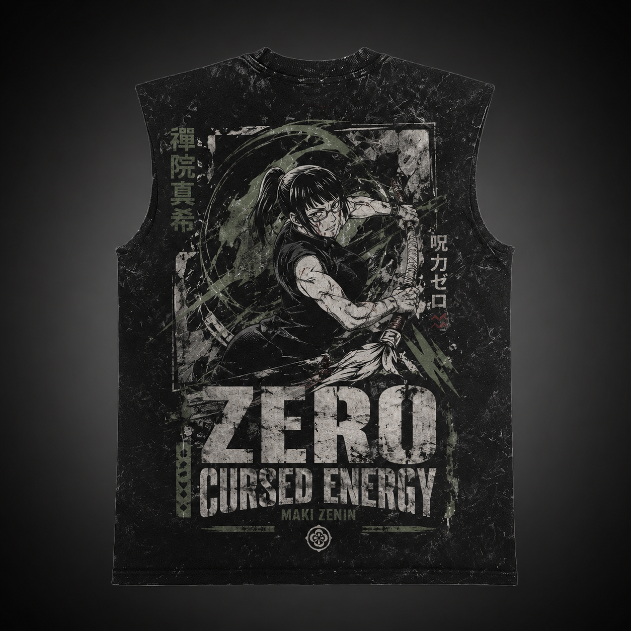 Washed black tank top with Maki Zenin Jujutsu Kaisen Zero Cursed Energy graphic – photo 2