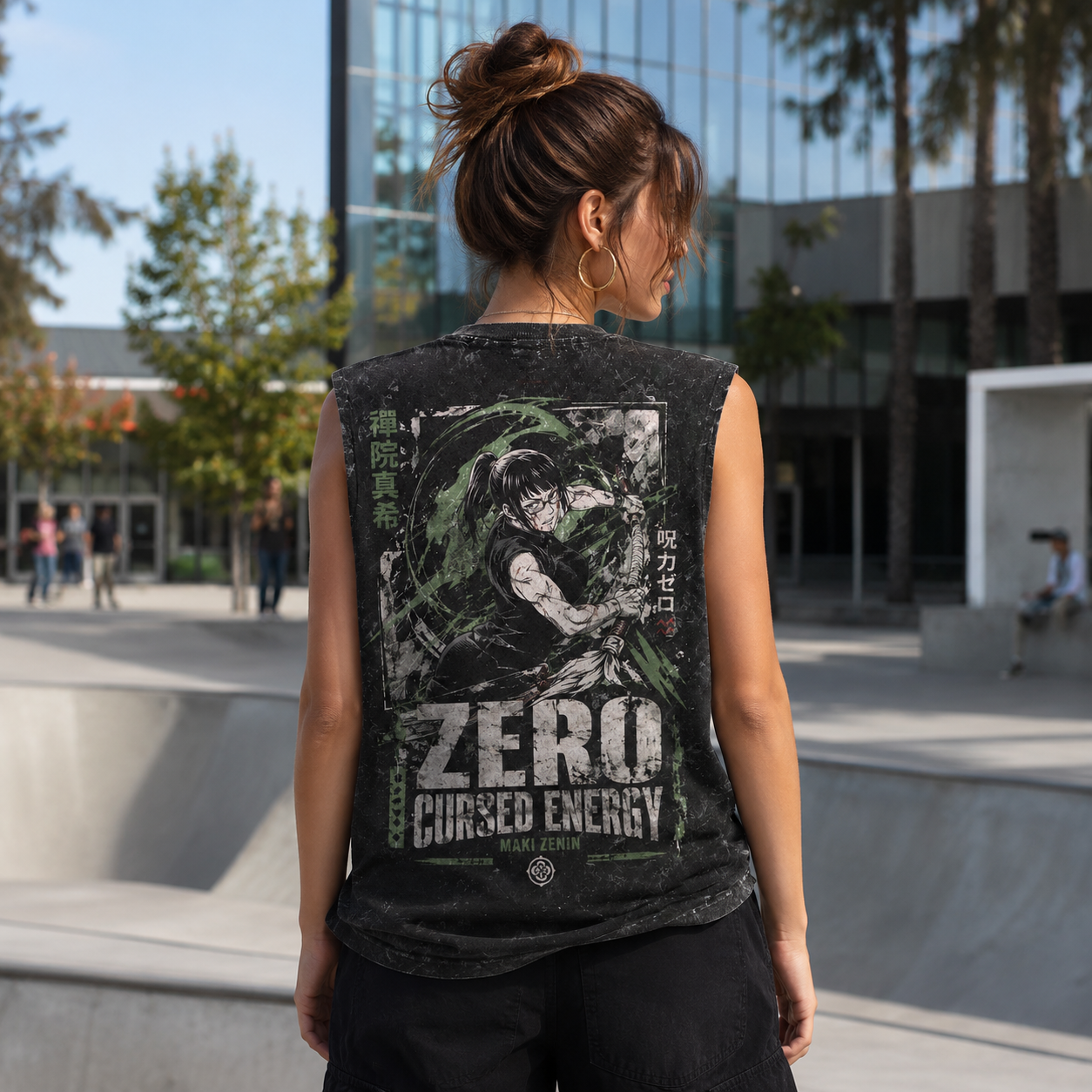Washed black tank top with Maki Zenin Jujutsu Kaisen Zero Cursed Energy graphic – photo 4
