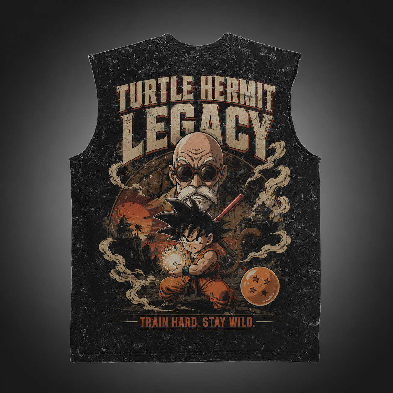 Washed black tank top with Master Roshi & Goku Dragon Ball Turtle Hermit Legacy graphic – photo 1