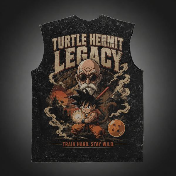 Washed black tank top with Master Roshi & Goku Dragon Ball Turtle Hermit Legacy graphic – photo 1
