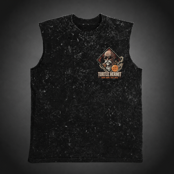 Washed black tank top with Master Roshi & Goku Dragon Ball Turtle Hermit Legacy graphic – photo 2