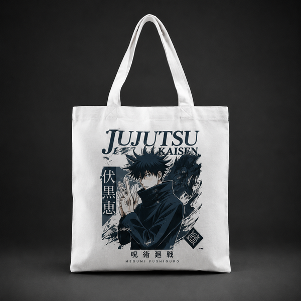 White tote bag with Megumi Fushiguro Jujutsu Kaisen Megumi Shadow Technique graphic – photo 1